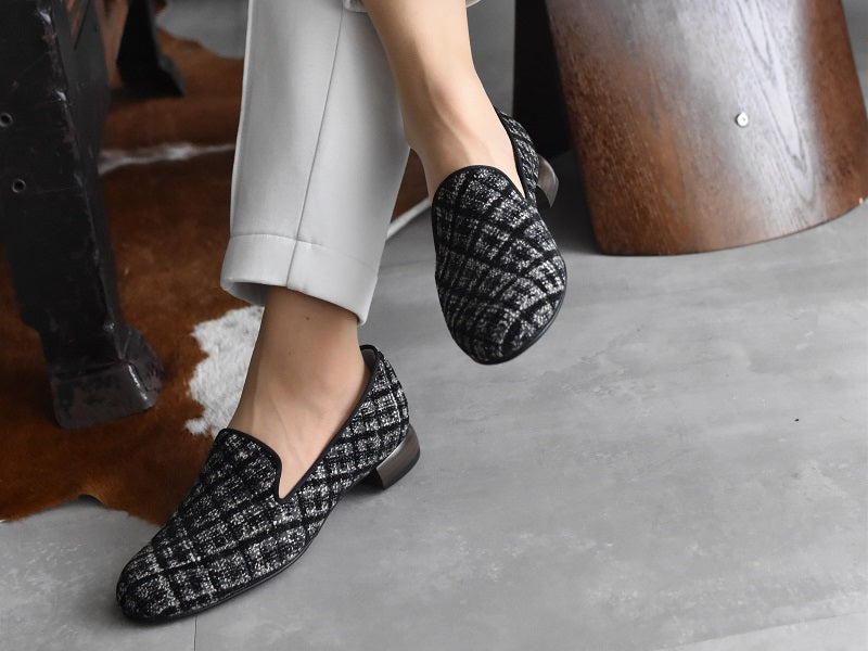 0001 イタリアンチェックツイードオペラシューズ AL2520K Graycheck 木型 . C1813