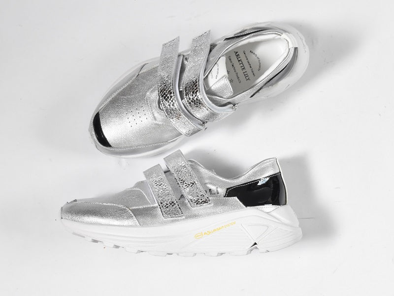0001　Round Toe Double Velcro High tech Leather Sneakers　AL2551SN  Silvercombi　木型 . C1699