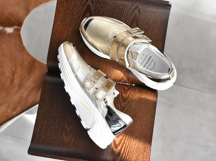 0001　Round Toe Double Velcro High tech Leather Sneakers　AL2551SN  Goldcombi　木型 . C1699