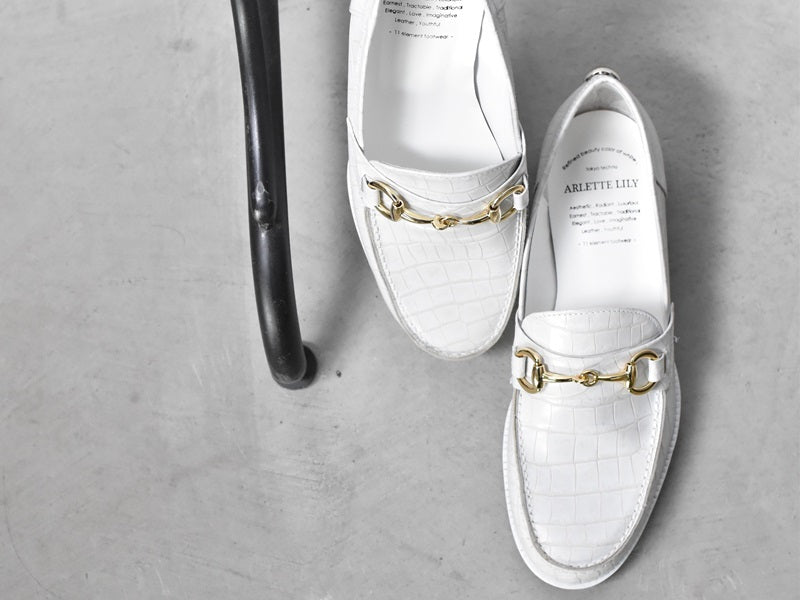 008  ラウンドトウビットローファー (クロコダイル型押しレザー)　AL2103K  Whitecroco　　木型No.C1813