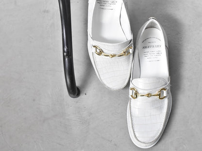 008  ラウンドトウビットローファー (クロコダイル型押しレザー)　AL2103K  Whitecroco　　木型No.C1813