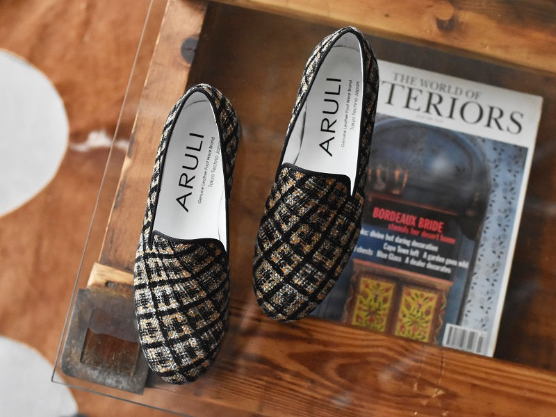 0001　イタリアンチェックツイードオペラシューズ　AL2520K  Camelcheck　木型 . C1813