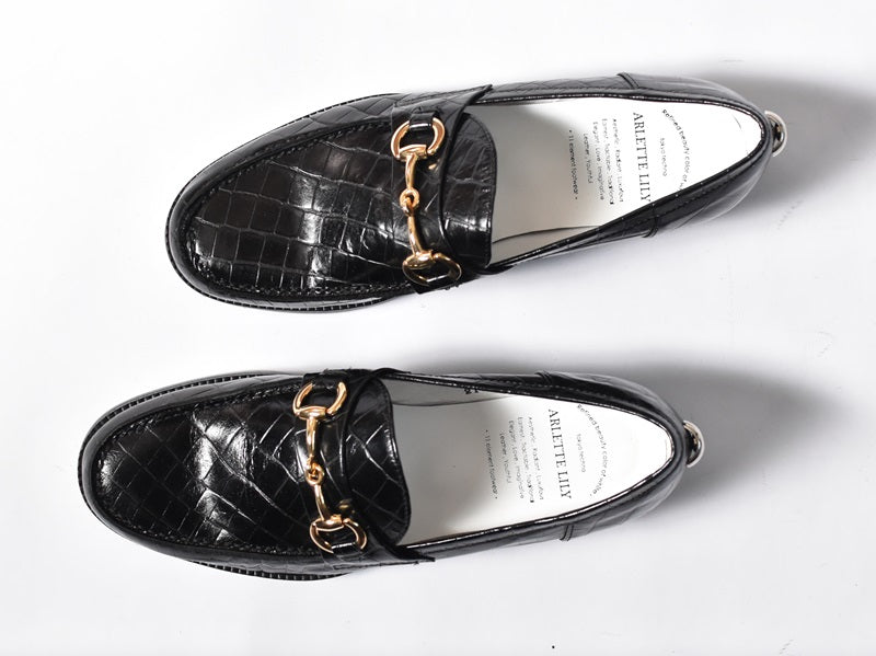 008  ラウンドトウビットローファー (クロコダイル型押しレザー)　AL2103K  Blackcroco　　木型No.C1813