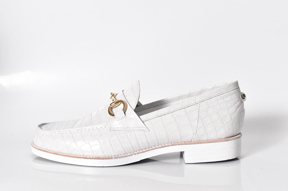 008  ラウンドトウビットローファー (クロコダイル型押しレザー)　AL2103K  Whitecroco　　木型No.C1813