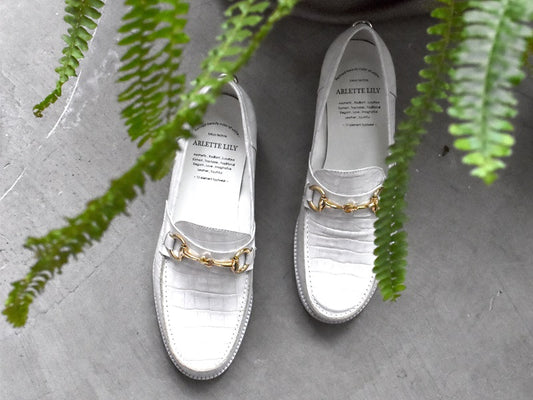 008  ラウンドトウビットローファー (クロコダイル型押しレザー)　AL2103K  Whitecroco　　木型No.C1813