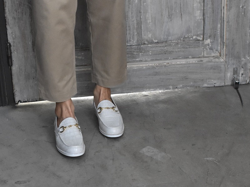 008  ラウンドトウビットローファー (クロコダイル型押しレザー)　AL2103K  Whitecroco　　木型No.C1813